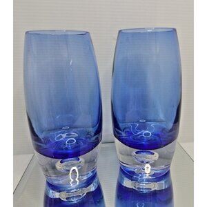 2 Krosno Cobalt Blue Vase With Clear Bubble Base Art Glass With Label 6" Poland